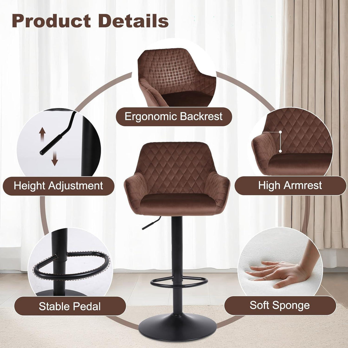 Barhocker Set 4er – Höhenverstellbar, Samt, Braun
