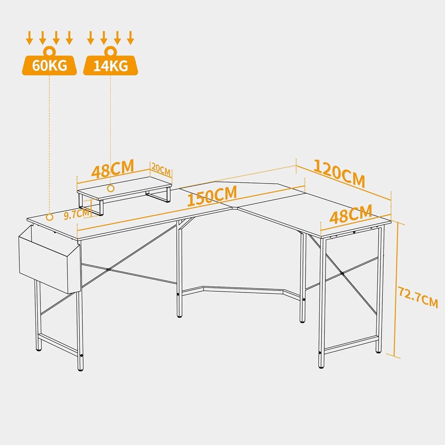 Gaming Schreibtisch L-Form mit Monitorständer, 150x120cm