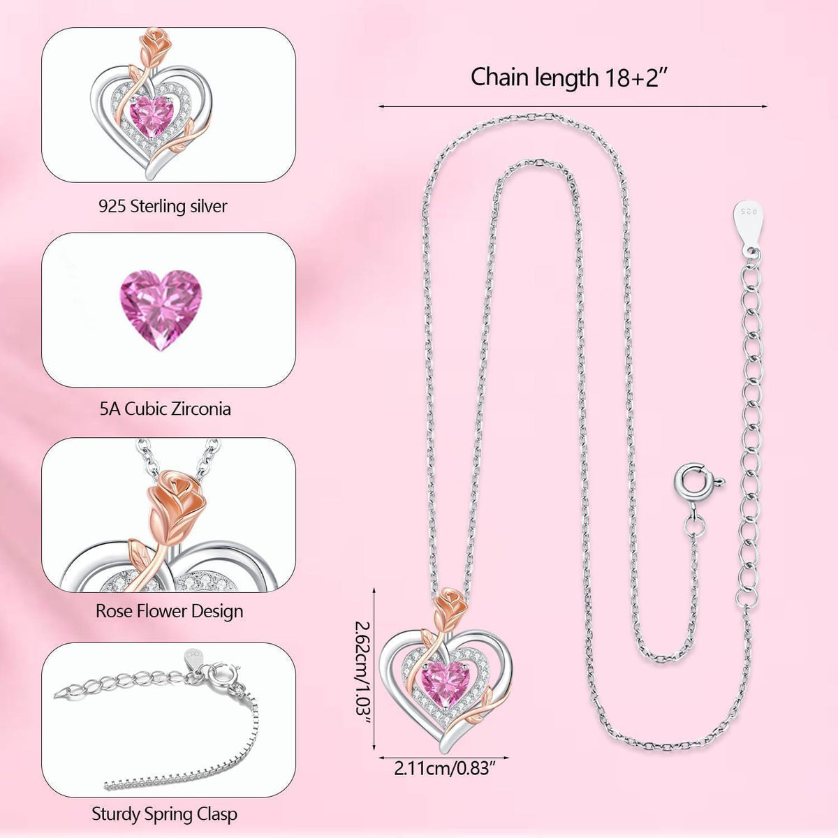 Silber Halskette Damen Herz Rose Geburtsstein Kette 925 Sterling Silber