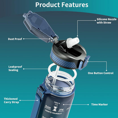Trinkflasche 750ML BPA-Frei Tritan Strohhalm Zeitmarkierung Sport Dunkelblau