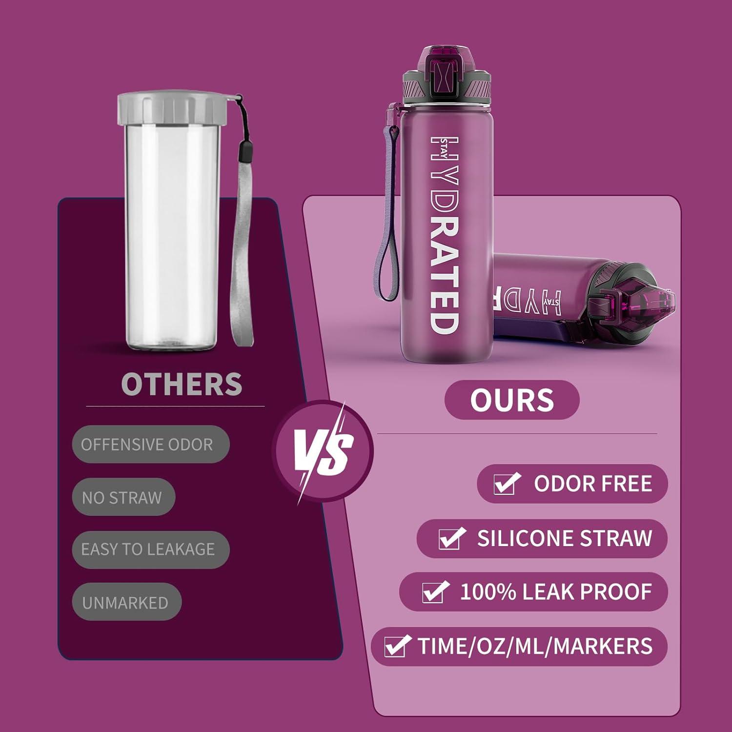 Trinkflasche 750ML BPA-Frei mit Strohhalm und Zeitmarkierung Rose