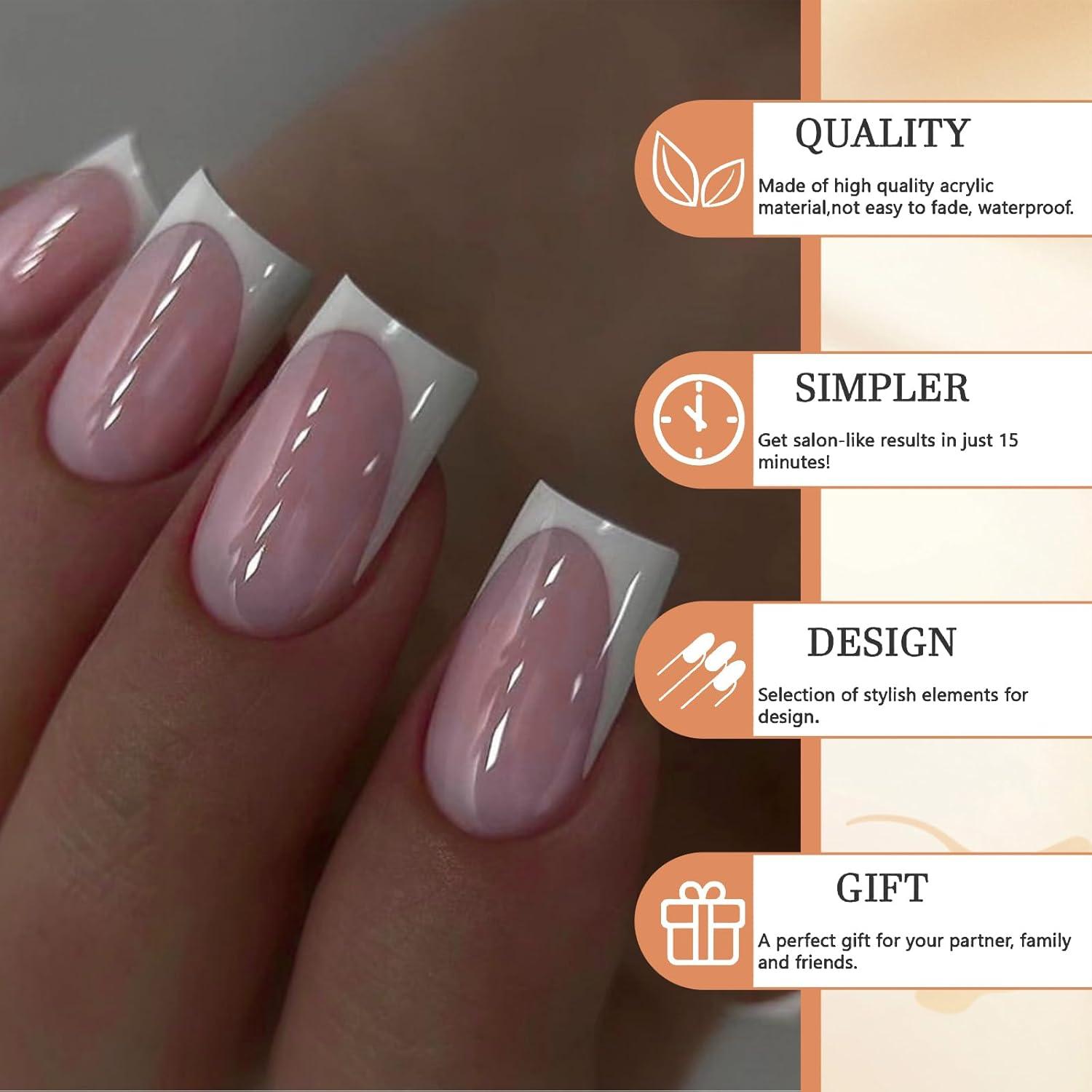 24 Stück Weiße French-Tip Falsche Nägel Kurz Quadratisch Glänzend Pink Wiederverwendbar