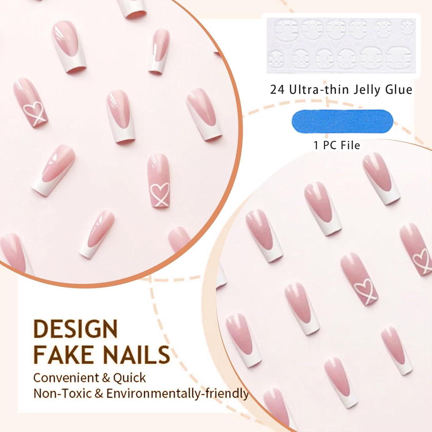 24 Stück Acryl French Tip Press-On Nägel - Herz Weiß, Lang, Square