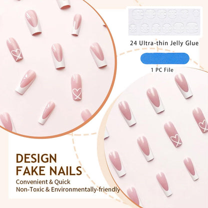 24 Stück Acryl French Tip Press-On Nägel - Herz Weiß, Lang, Square