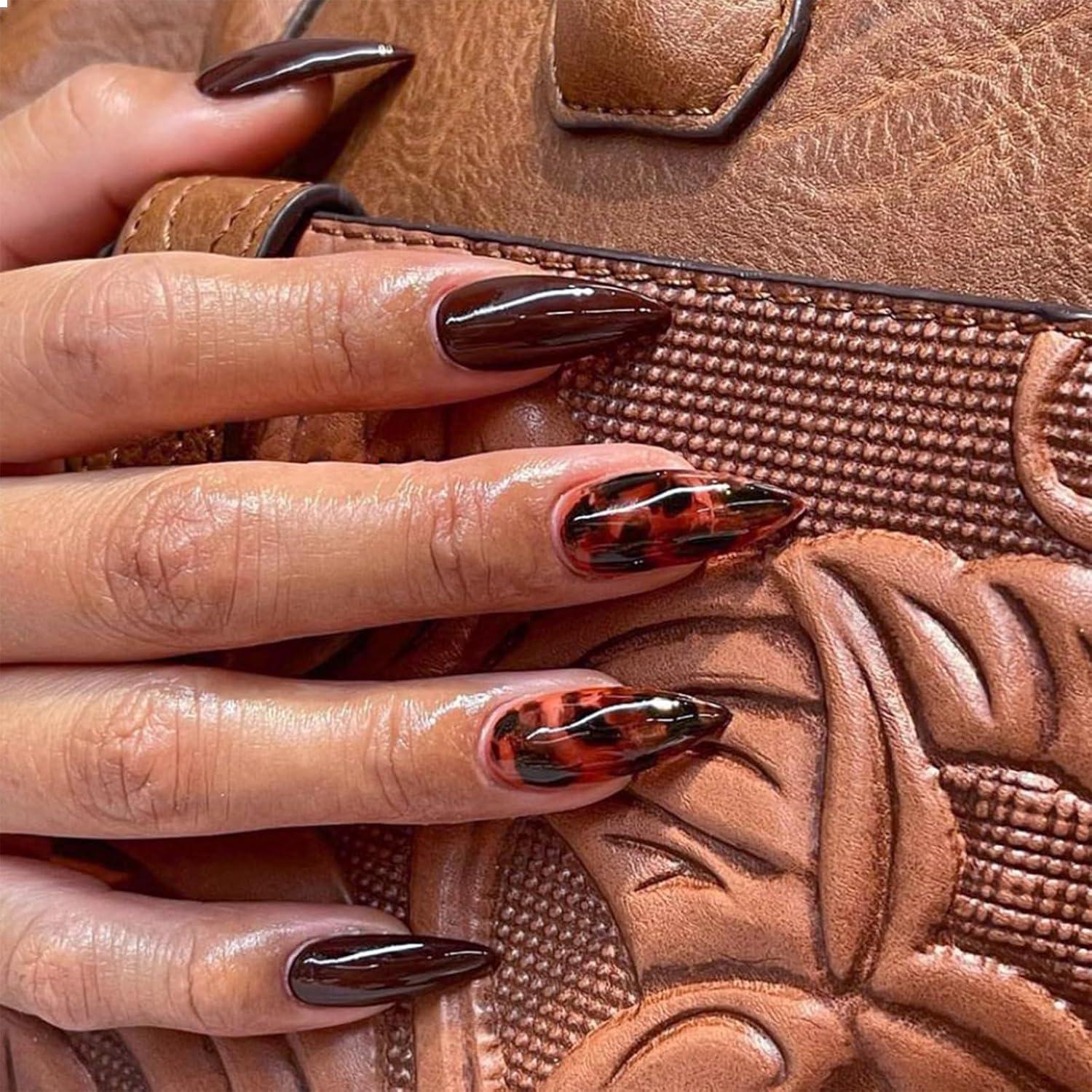 24er Set Leopard Print Brown Falsche Nägel Stiletto Design