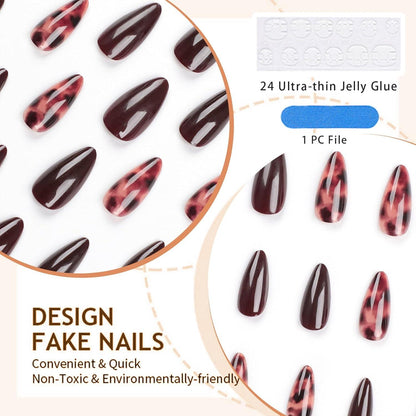 24er Set Leopard Print Brown Falsche Nägel Stiletto Design
