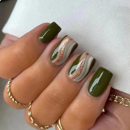 24 Stücke Grüne Press on Nails Kurz Glitzer Sequins Coffin Schwirbel