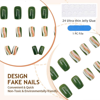 24 Stücke Grüne Press on Nails Kurz Glitzer Sequins Coffin Schwirbel