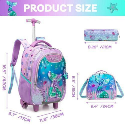 Rollrucksack für Mädchen 6-8 Jahre – Meerjungfrau & Violett Set