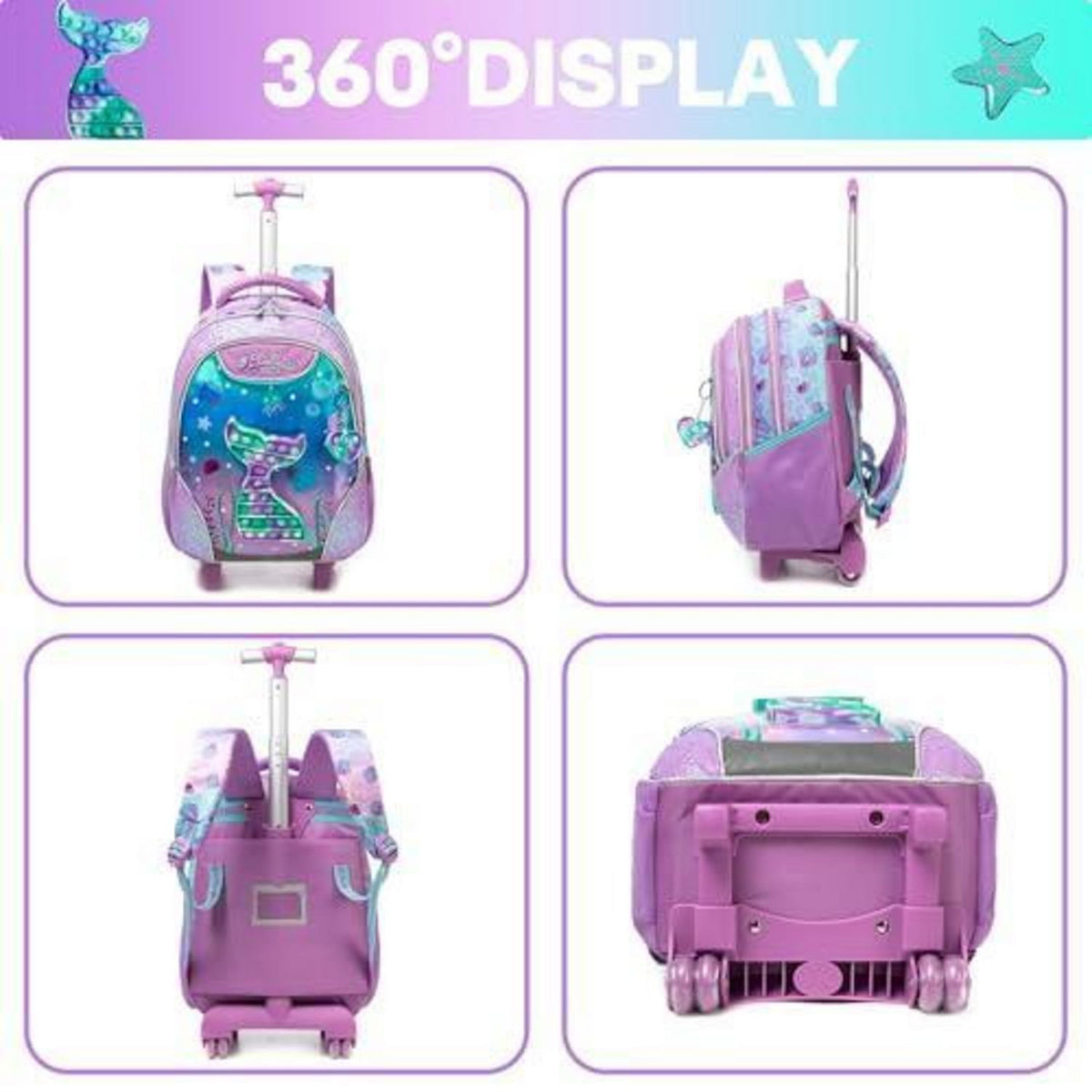 Rollrucksack für Mädchen 6-8 Jahre – Meerjungfrau & Violett Set