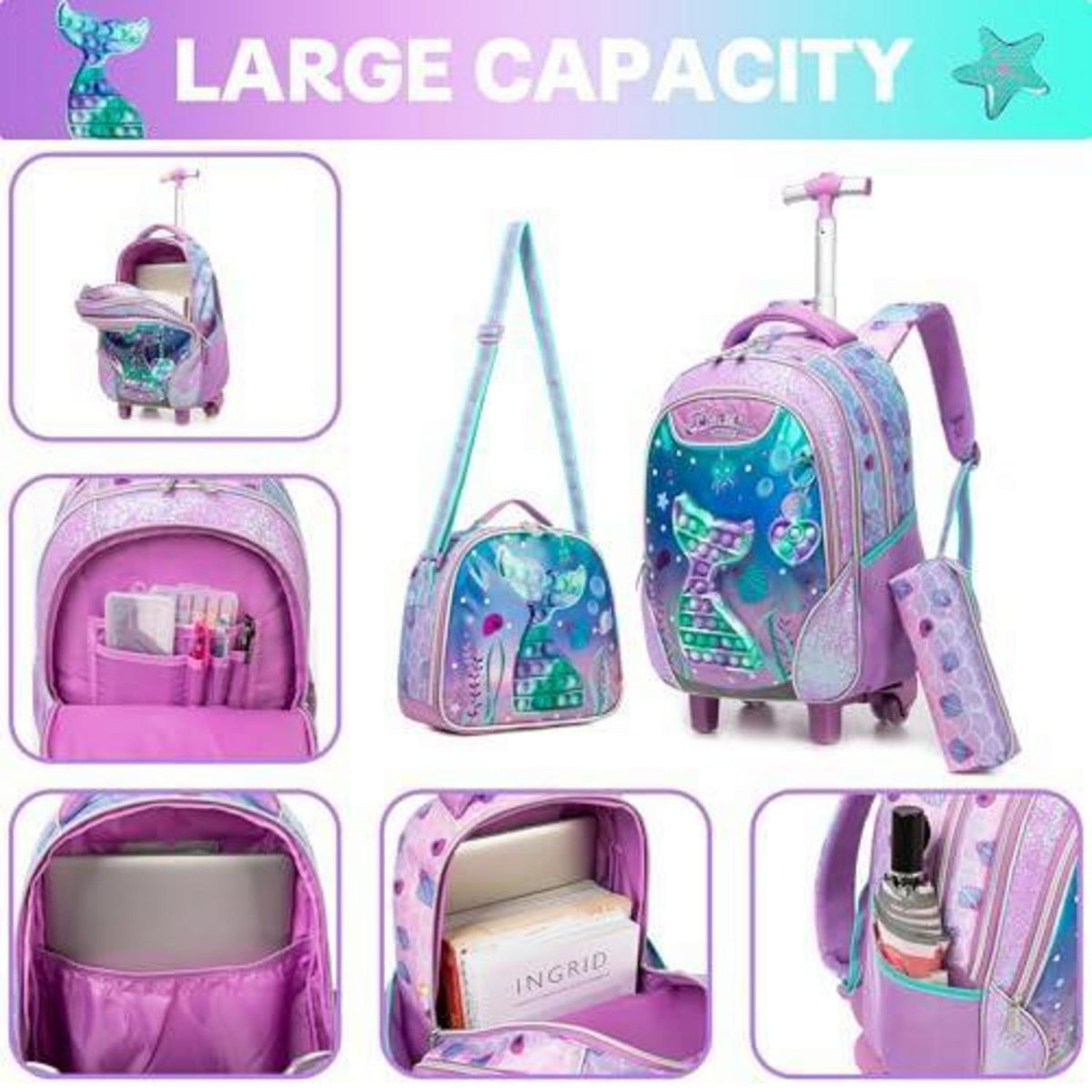 Rollrucksack für Mädchen 6-8 Jahre – Meerjungfrau & Violett Set