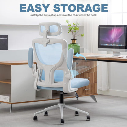 Ergonomischer Bürostuhl mit Kopfstütze, Lordosenstütze, Armlehne, blau
