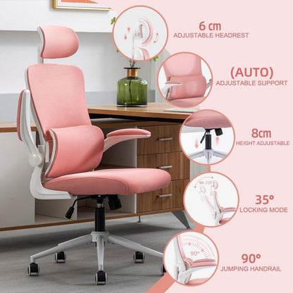 Ergonomischer Bürostuhl mit Kopfstütze und Lordosenstütze, rosa