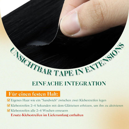 Echthaar Tape-in Extensions Schwarz 50cm - Glatt & Wiederverwendbar