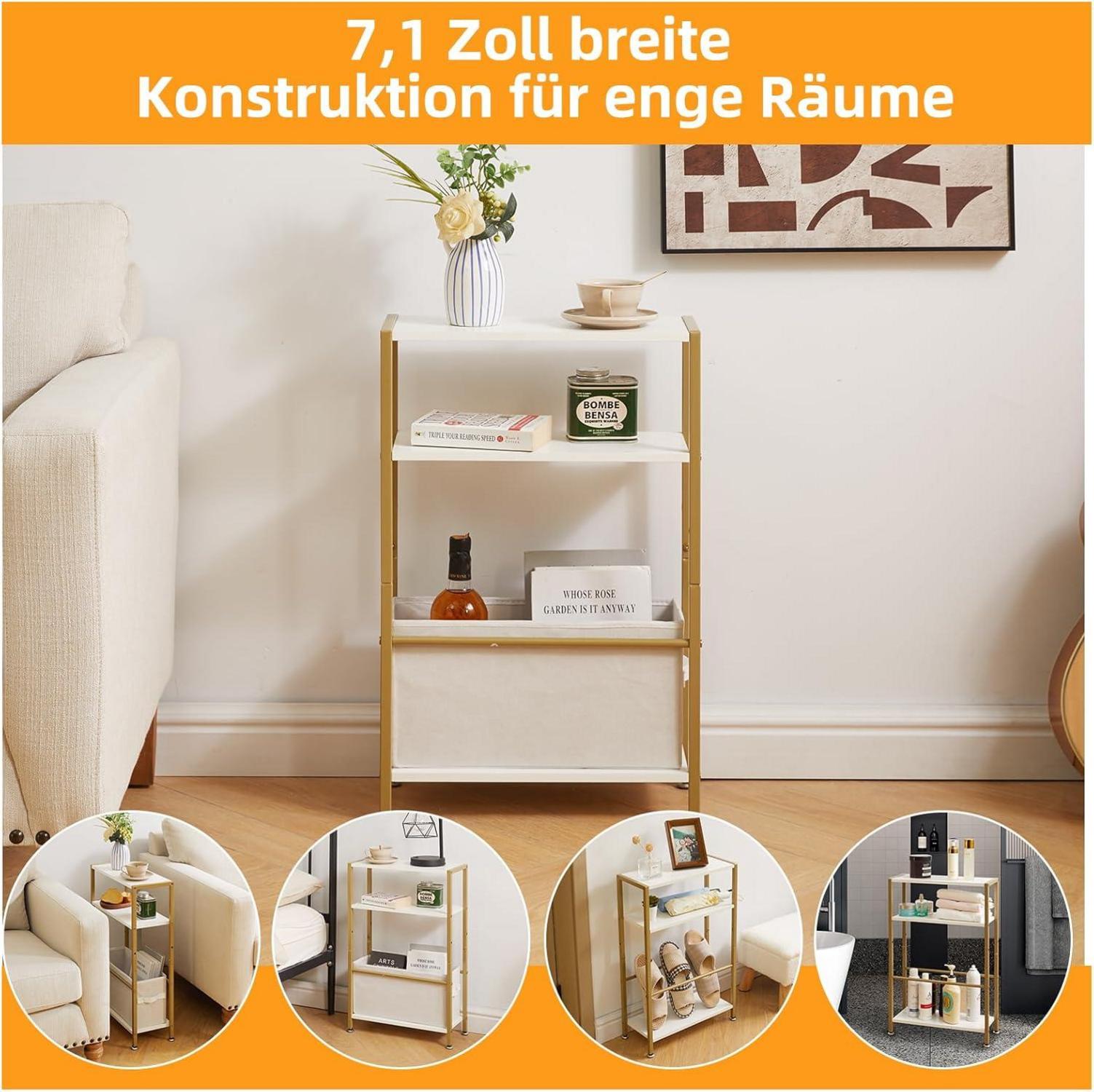 Schmaler Beistelltisch mit Stoffkorb und Metallrahmen