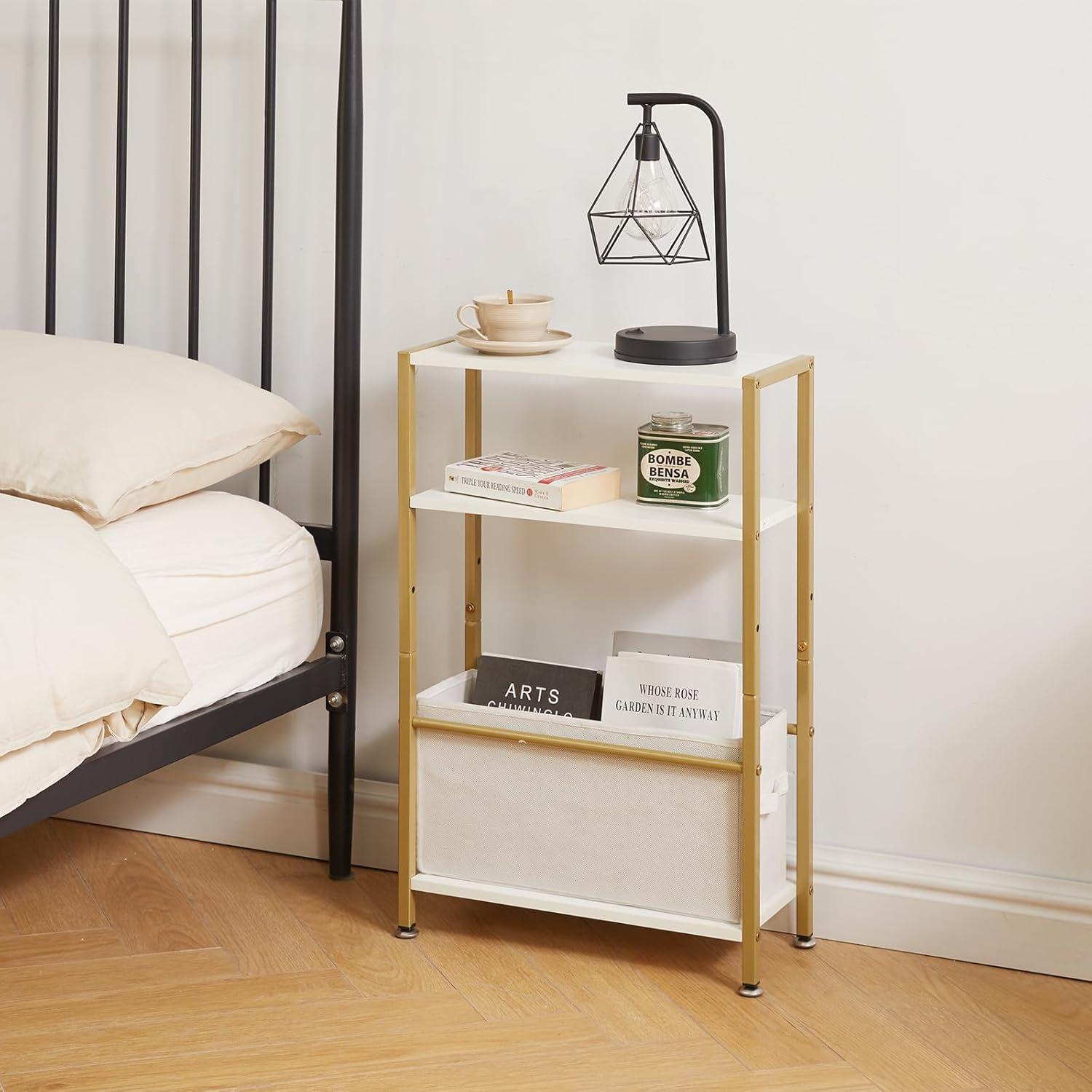 Schmaler Beistelltisch 3-stufiger Moderner Sofatisch Stoffkorb Gold