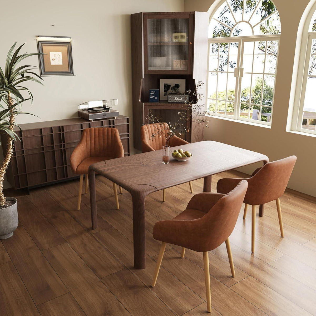 6 Esszimmerstühle Braun mit Armlehne & Holzbeinen in Lederoptik