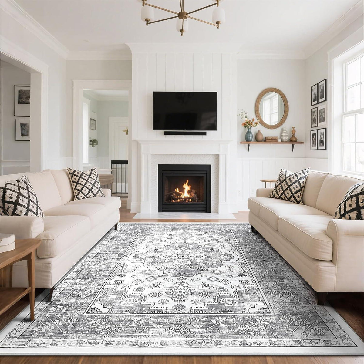 Boho Teppich 160x230cm Grau, rutschfest & waschbar