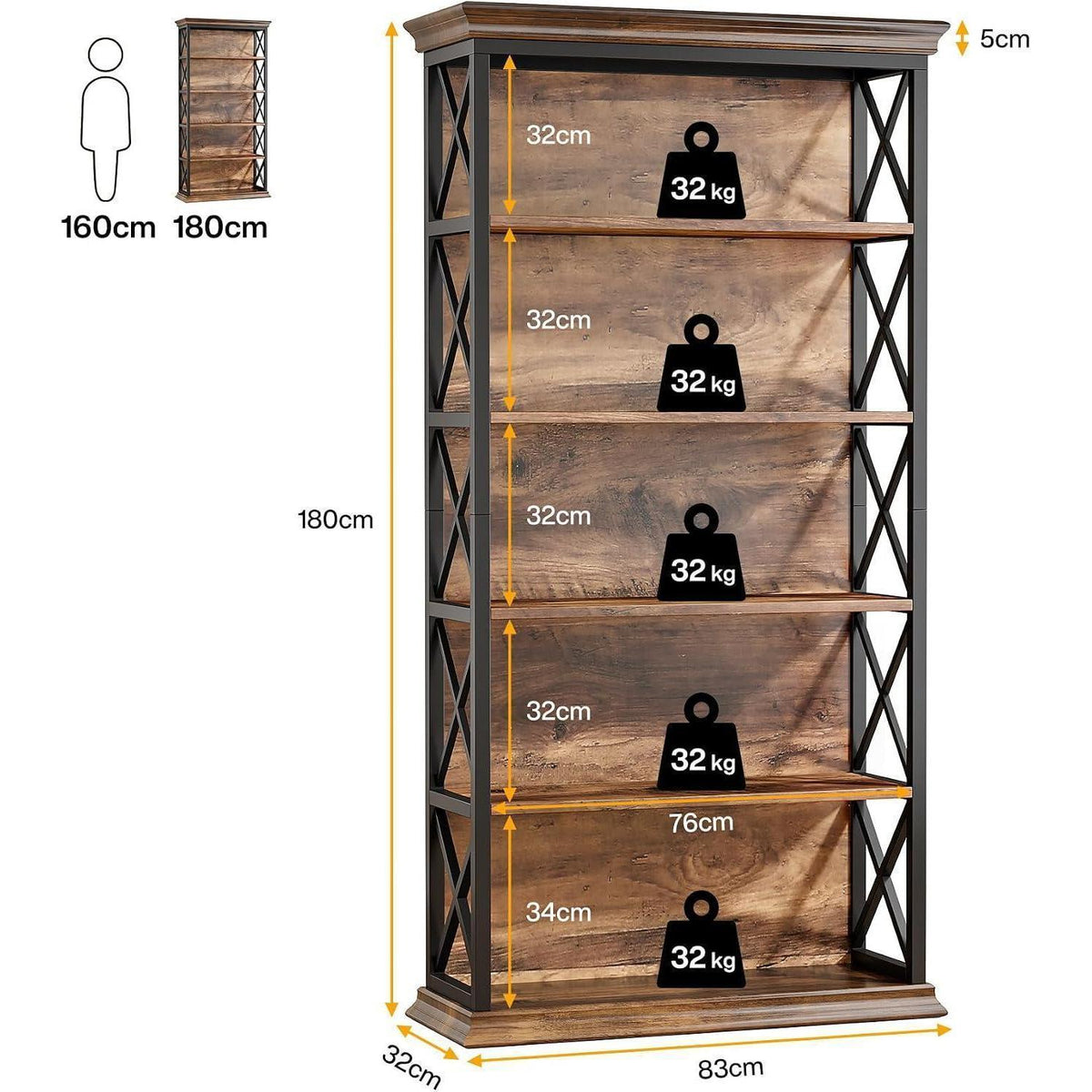 6-stöckiges Bücherregal Holz mit Metallrahmen – Industrie-Design Braun
