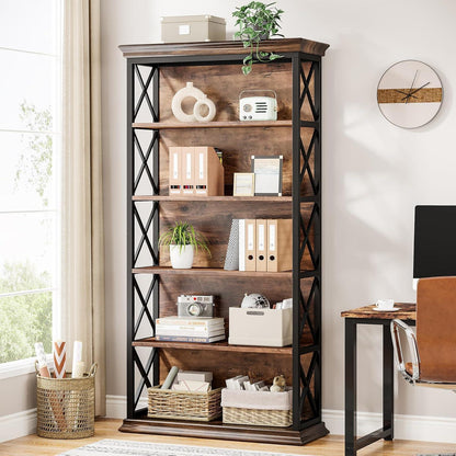 6-stöckiges Bücherregal Holz mit Metallrahmen – Industrie-Design Braun