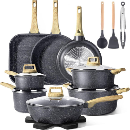 Granit Topfset 21-tlg. Antihaft Pfannenset Induktion Cookware Set Grau