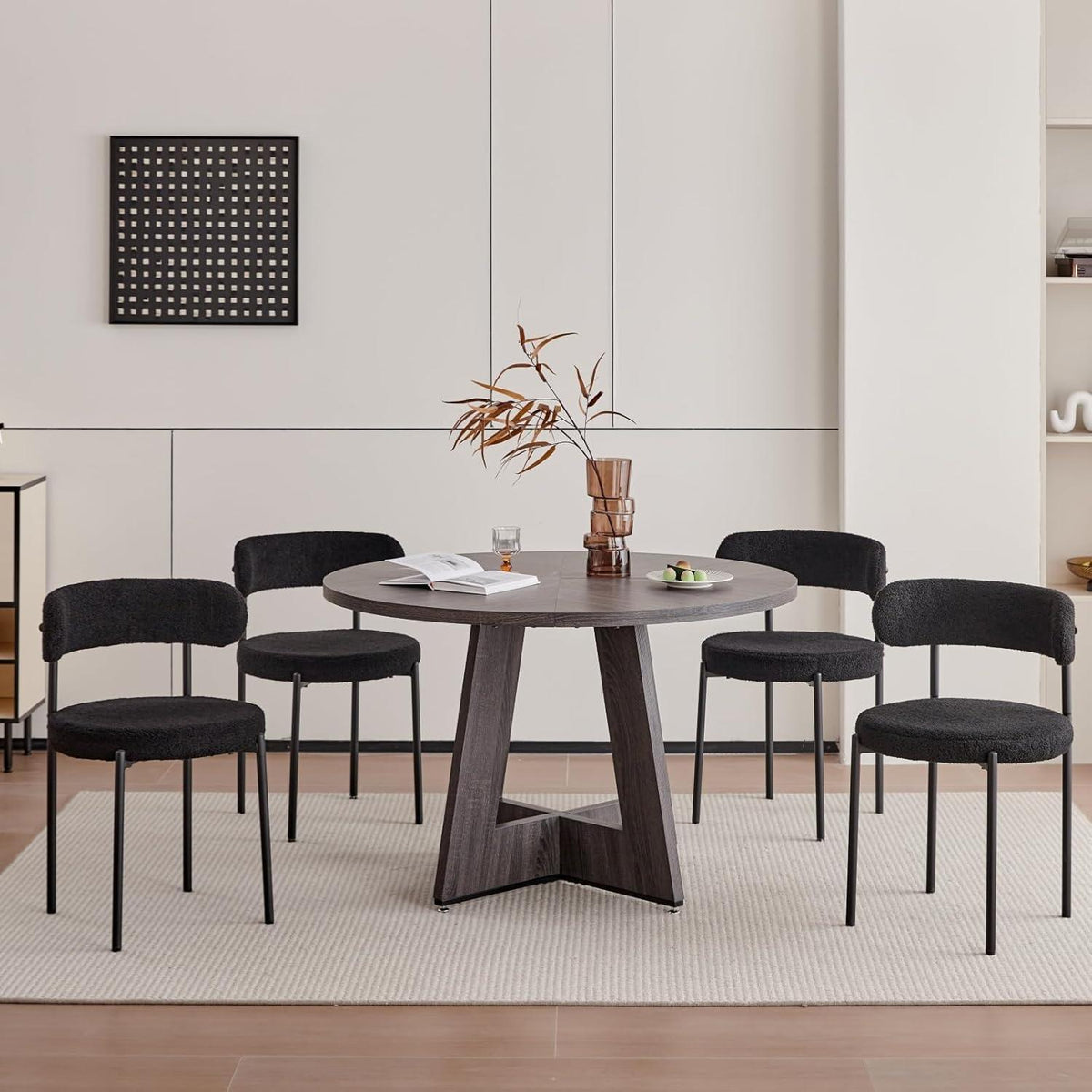 6er Set Esszimmerstühle Teddy-Samt Schwarz Modern