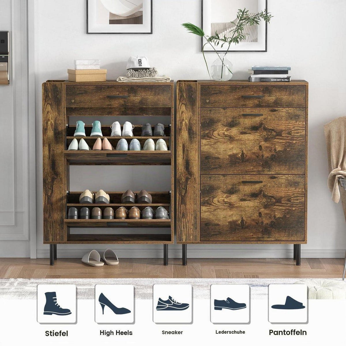 Schuhschrank Braun mit 2 Klappen & 1 Schublade – Platz für 12-16 Paar