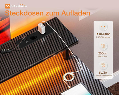 Coleshome Gaming Tisch LED-Beleuchtung 2 Steckdosen USB Schwarz 120x50cm
