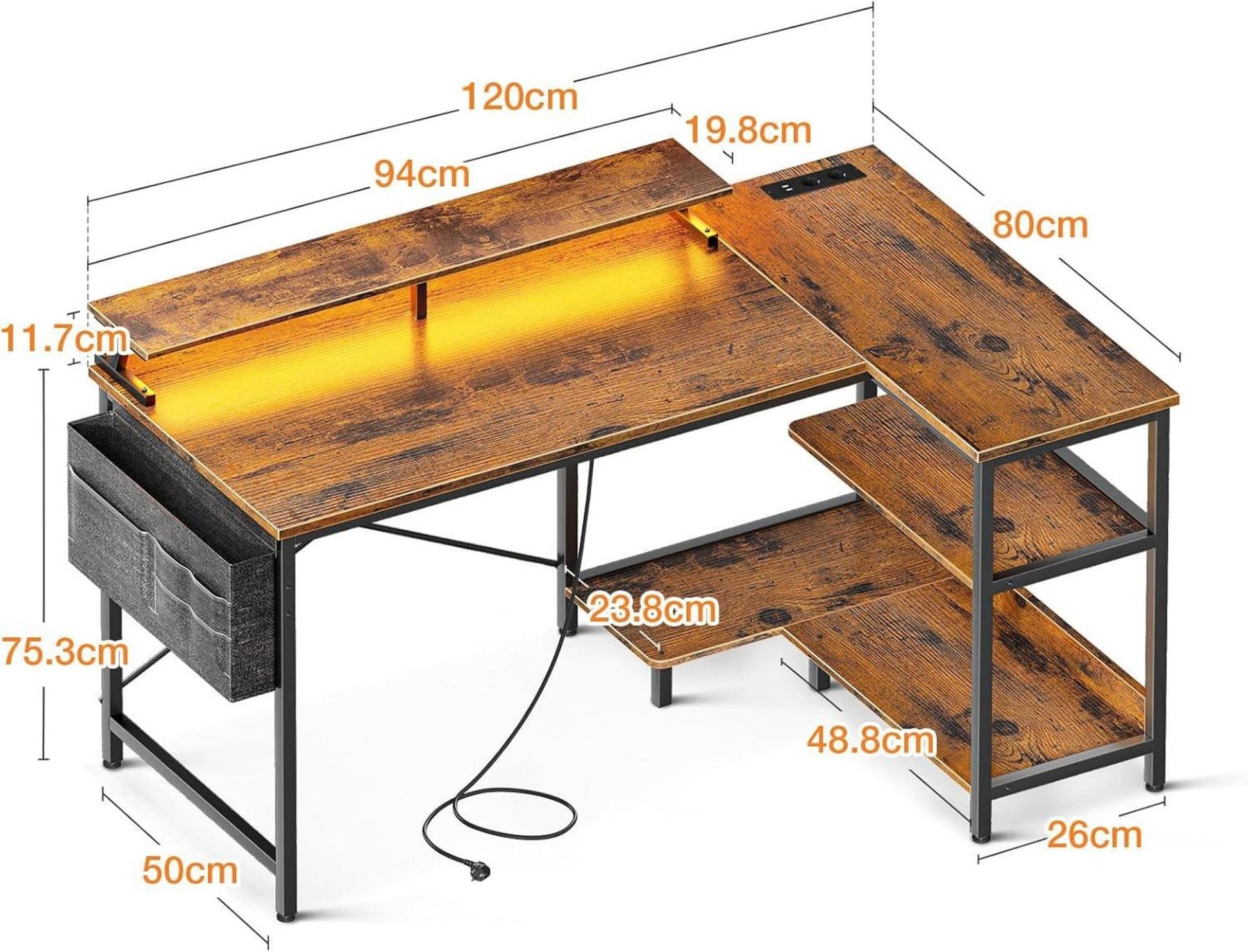 Gaming Schreibtisch LED USB Steckdosen 120x80cm Eckschreibtisch Büro