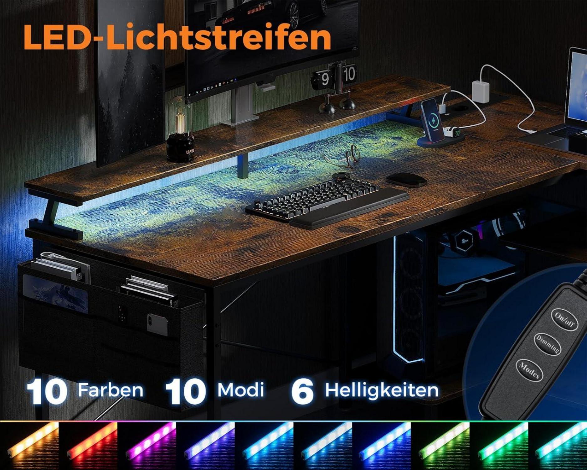 Coleshome Gaming Eckschreibtisch LED 120x80cm Bürotisch Braun
