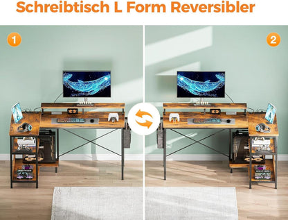 Gaming Schreibtisch LED Steckdosen 120x80cm Eckschreibtisch Regal L-Form Braun