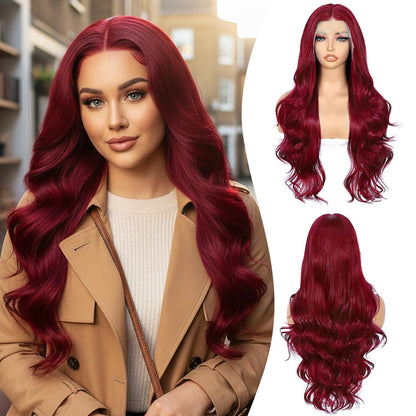 Rote Körperwelle Lace Front Perücke Synthetisch 26 Zoll