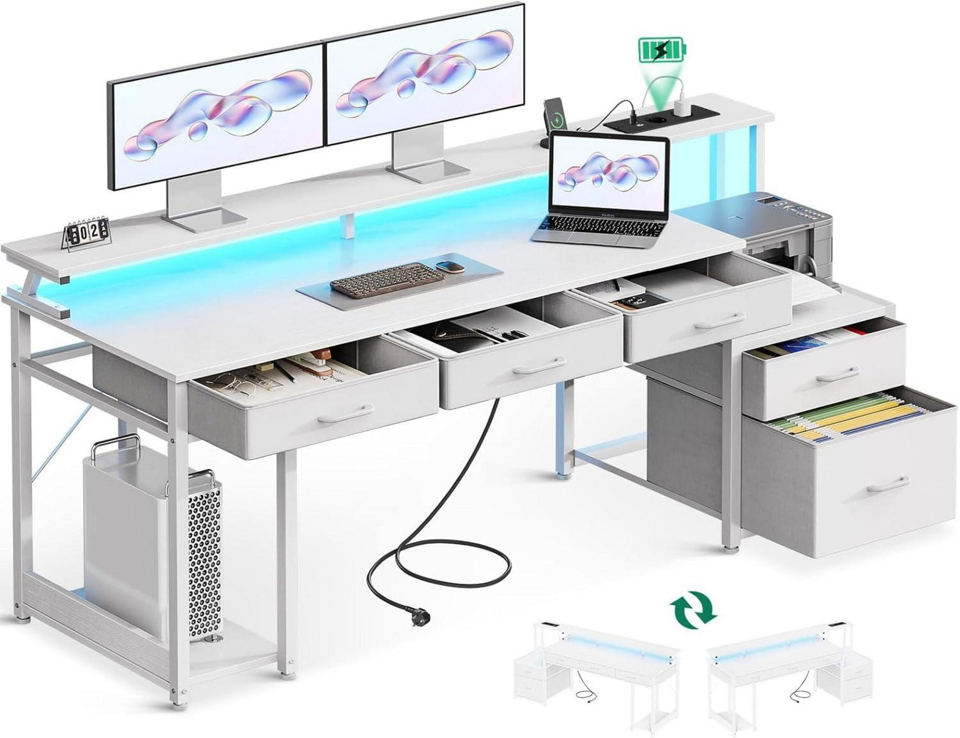 Gaming Schreibtisch LED Beleuchtung USB Ladegerät Stauraum White