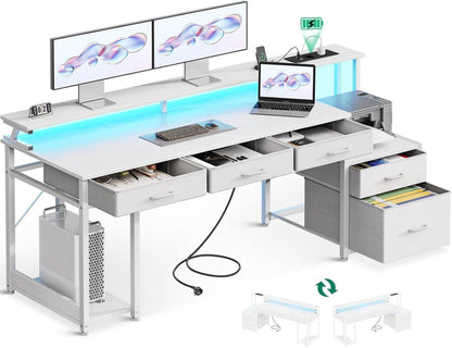 Gaming Schreibtisch LED Beleuchtung USB Ladegerät Stauraum White