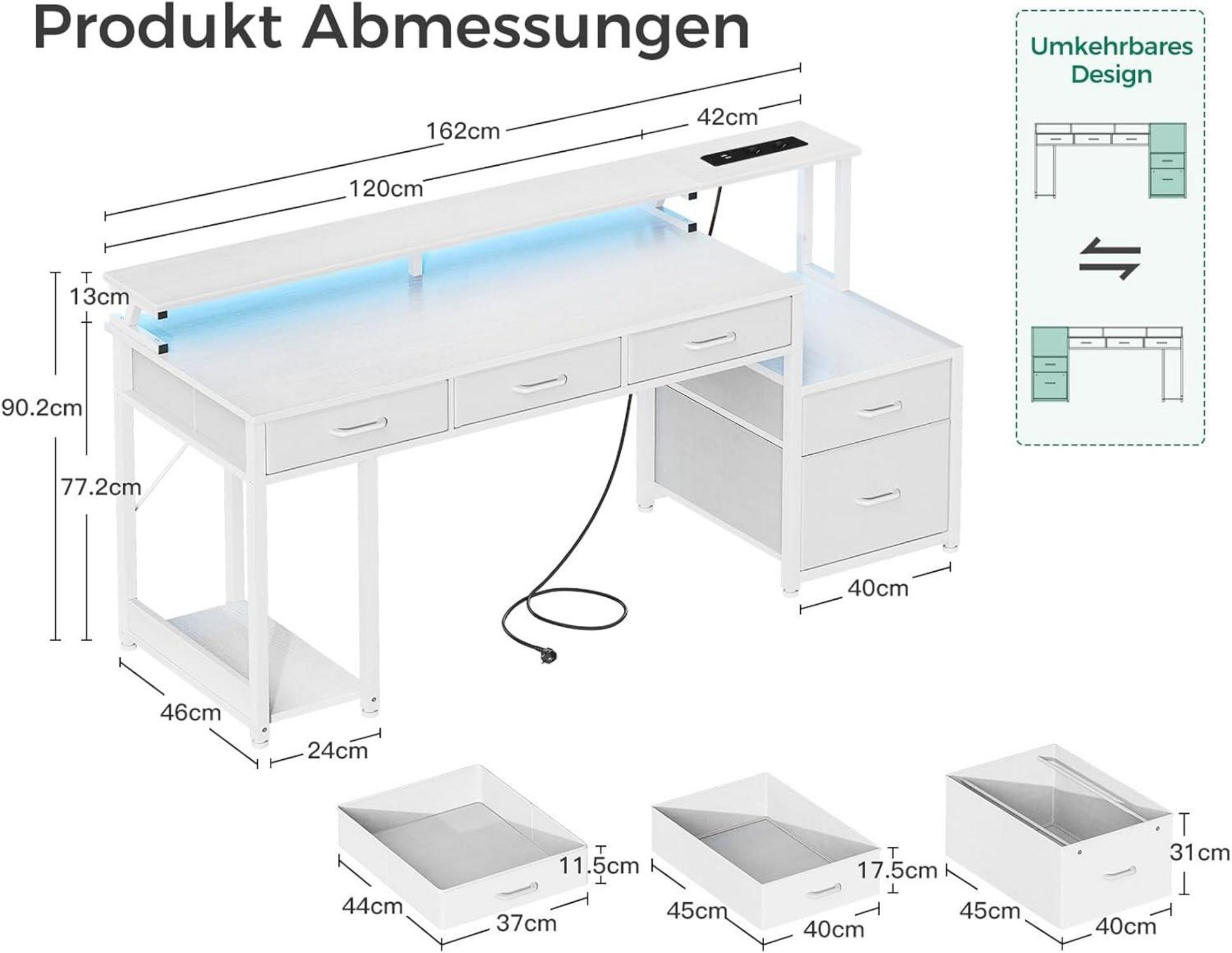 Gaming Schreibtisch LED Beleuchtung USB Ladegerät Stauraum White