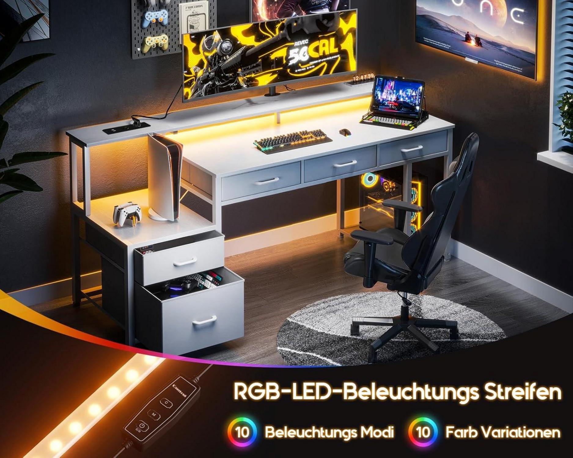 Schreibtisch mit 5 Schubladen LED Monitorständer 160x48cm