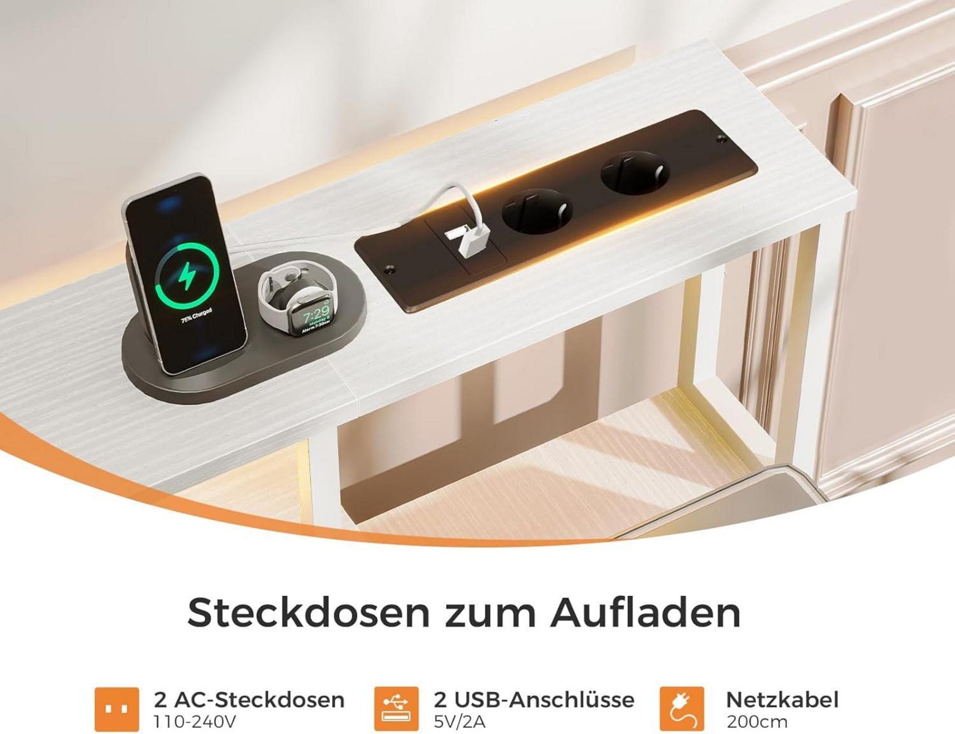 Coleshome Schreibtisch mit 5 Schubladen Stoff LED Gaming Tisch Weiß 160x48cm