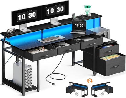 Schwarzer Gaming Schreibtisch mit LED, Steckdose & Stauraum