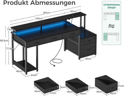 Schwarzer Gaming Schreibtisch mit LED, Steckdose & Stauraum