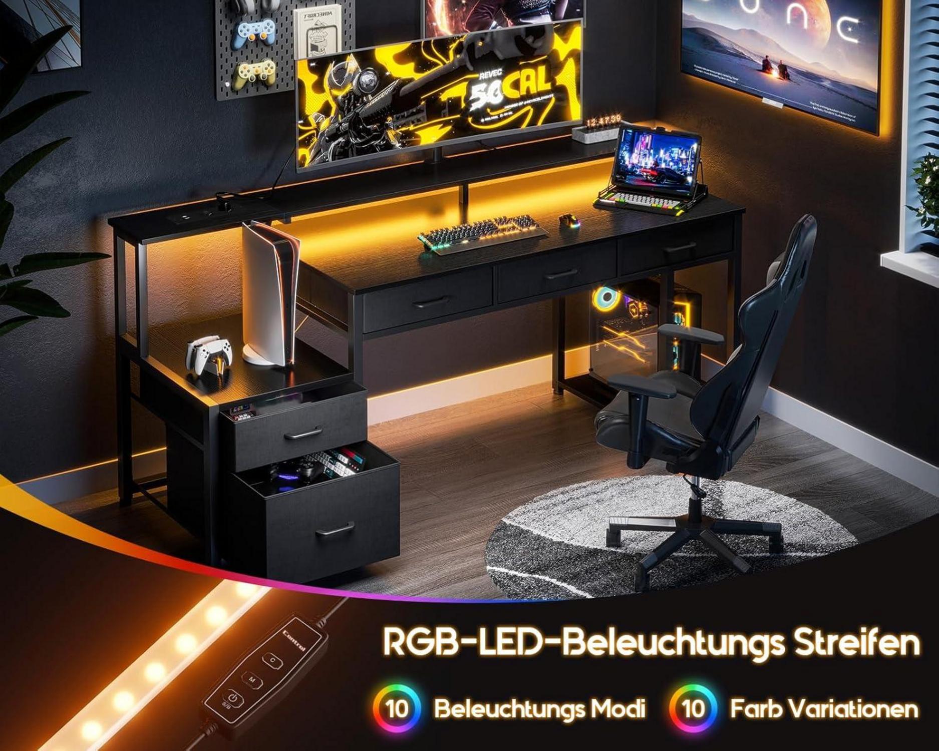 Gaming Schreibtisch mit Stoffschubladen & LED, 160x48cm, Schwarz