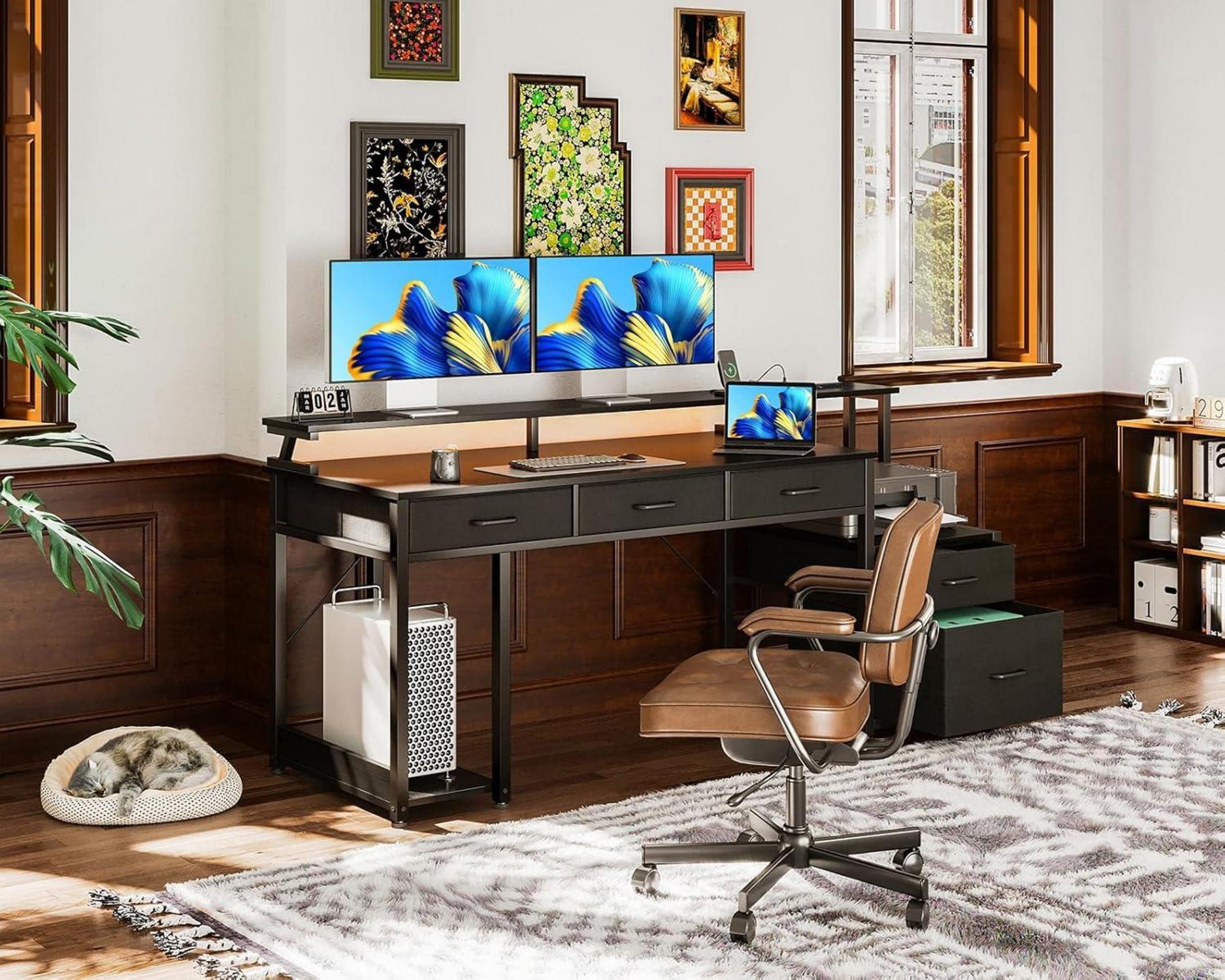 Schreibtisch mit 5 Schubladen, Gaming Tisch mit