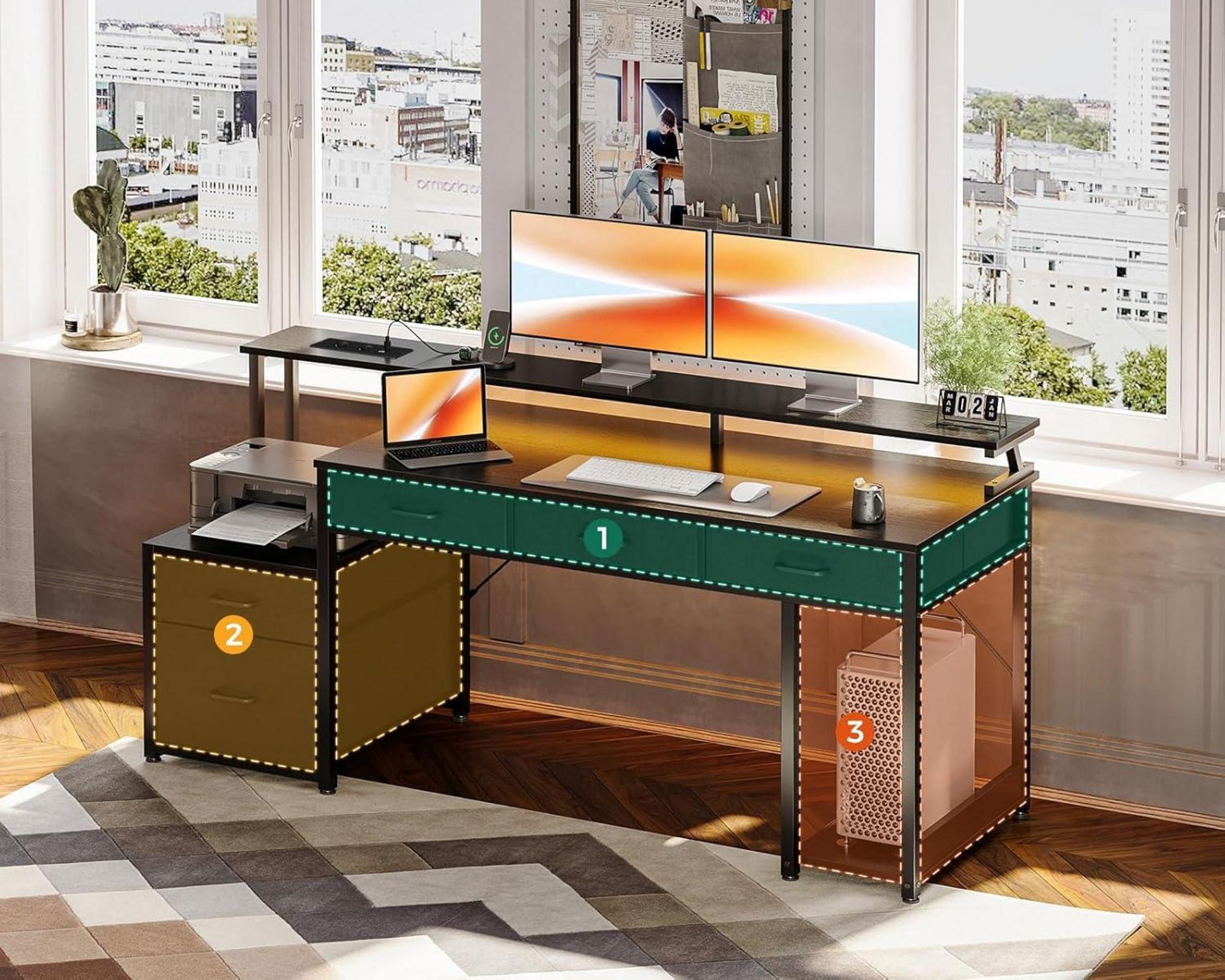 Gaming Schreibtisch mit Stoffschubladen & LED, 160x48cm, Schwarz