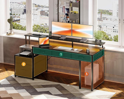Gaming Schreibtisch mit Stoffschubladen & LED, 160x48cm, Schwarz