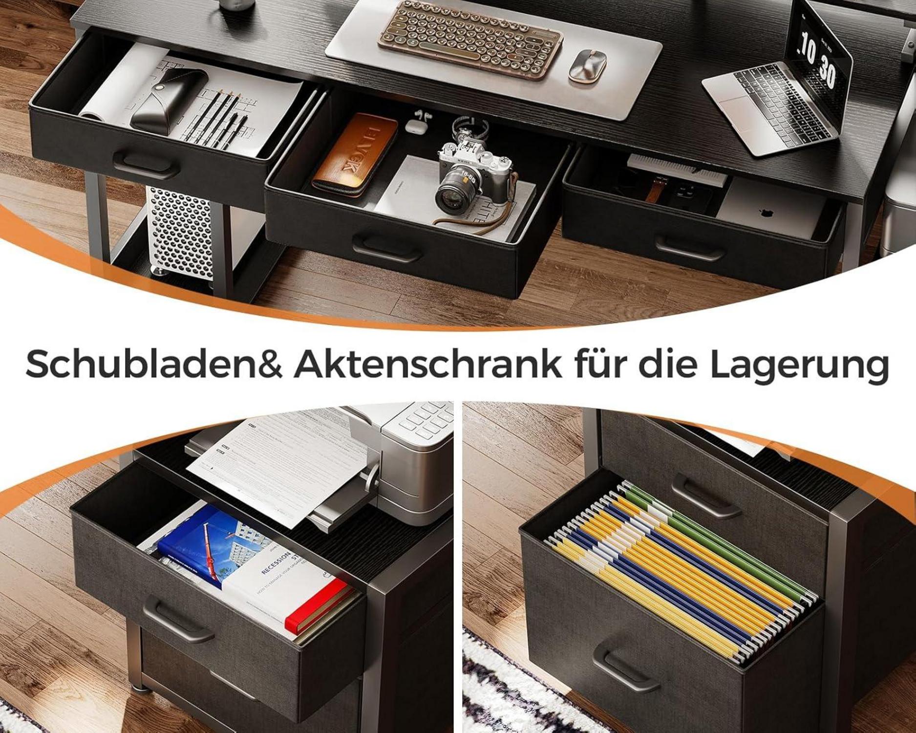 Coleshome Schreibtisch mit 5 Schubladen und LED-Leuchten, Schwarz 160x48cm