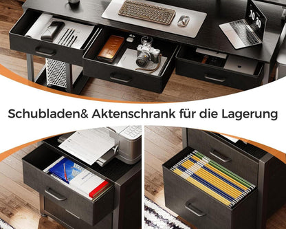 Coleshome Schreibtisch mit 5 Schubladen und LED-Leuchten, Schwarz 160x48cm
