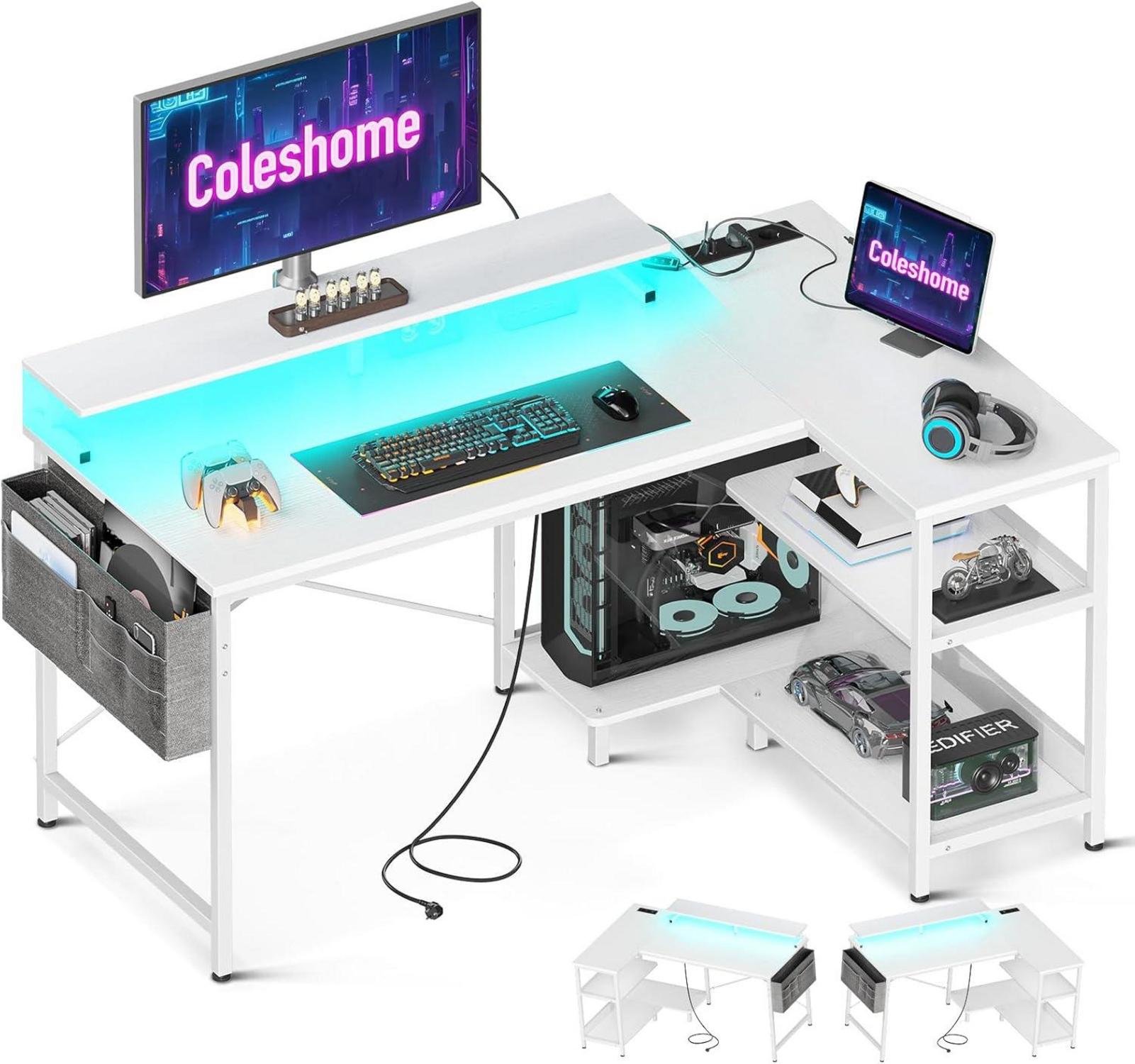 Gaming Schreibtisch LED USB L-Form Weiß 120x80cm mit Regal