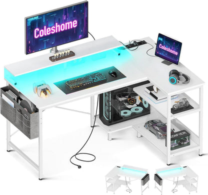 Gaming Schreibtisch LED USB L-Form Weiß 120x80cm mit Regal