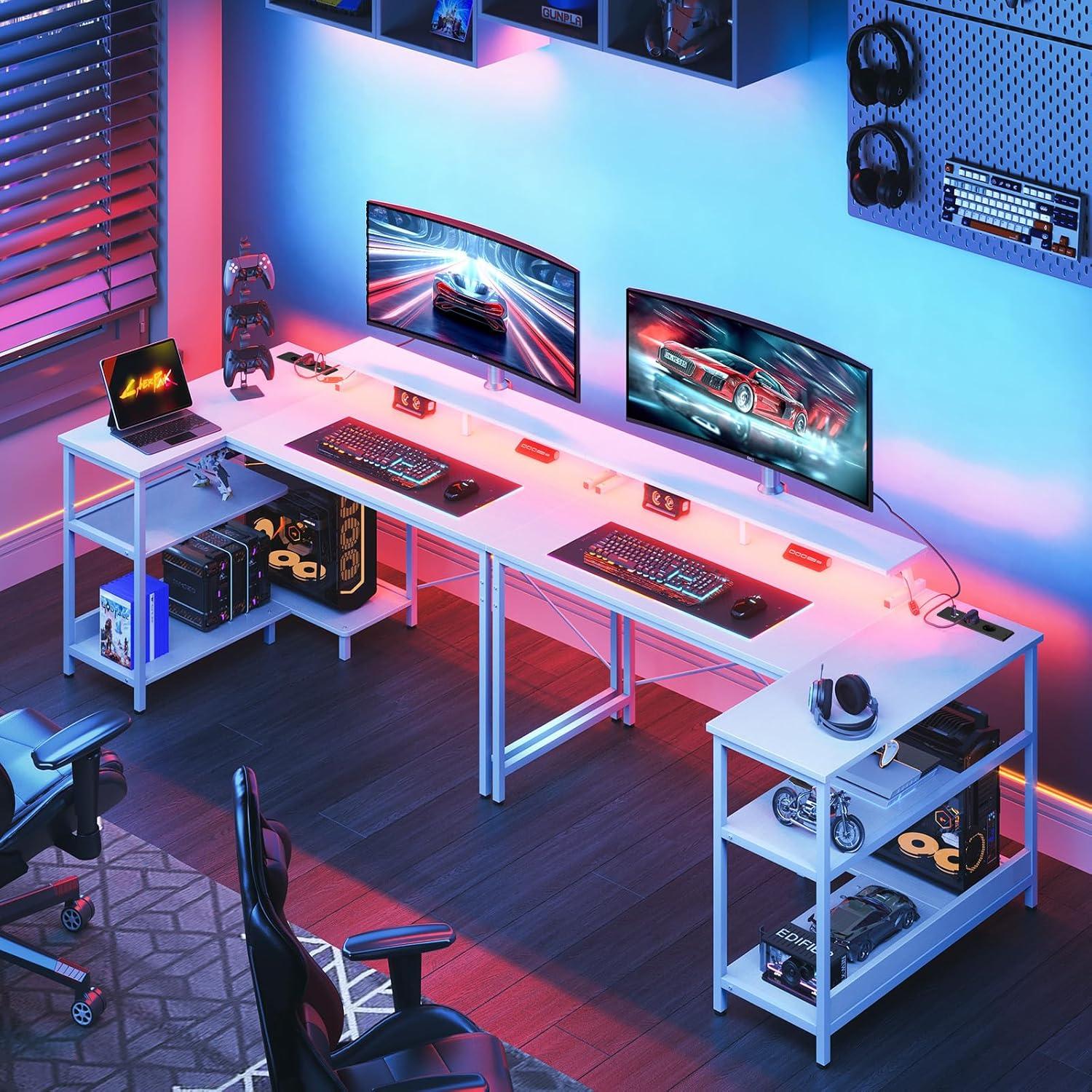 Gaming Eckschreibtisch LED 120x80cm Weiß Regal USB