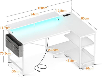 Gaming Schreibtisch LED USB L-Form Weiß 120x80cm mit Regal