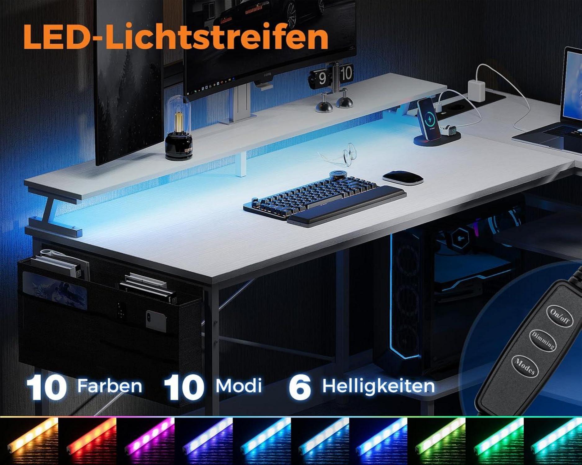 Gaming Tisch L Form mit LED Beleuchtung und Steckdosen 120x80cm Eckschreibtisch Weiß mit Regal - Coleshome